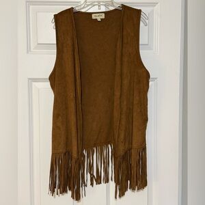 Womens Cracker Barrel Brown Faux Suede Open Front Fringe Boho Western Vest Small